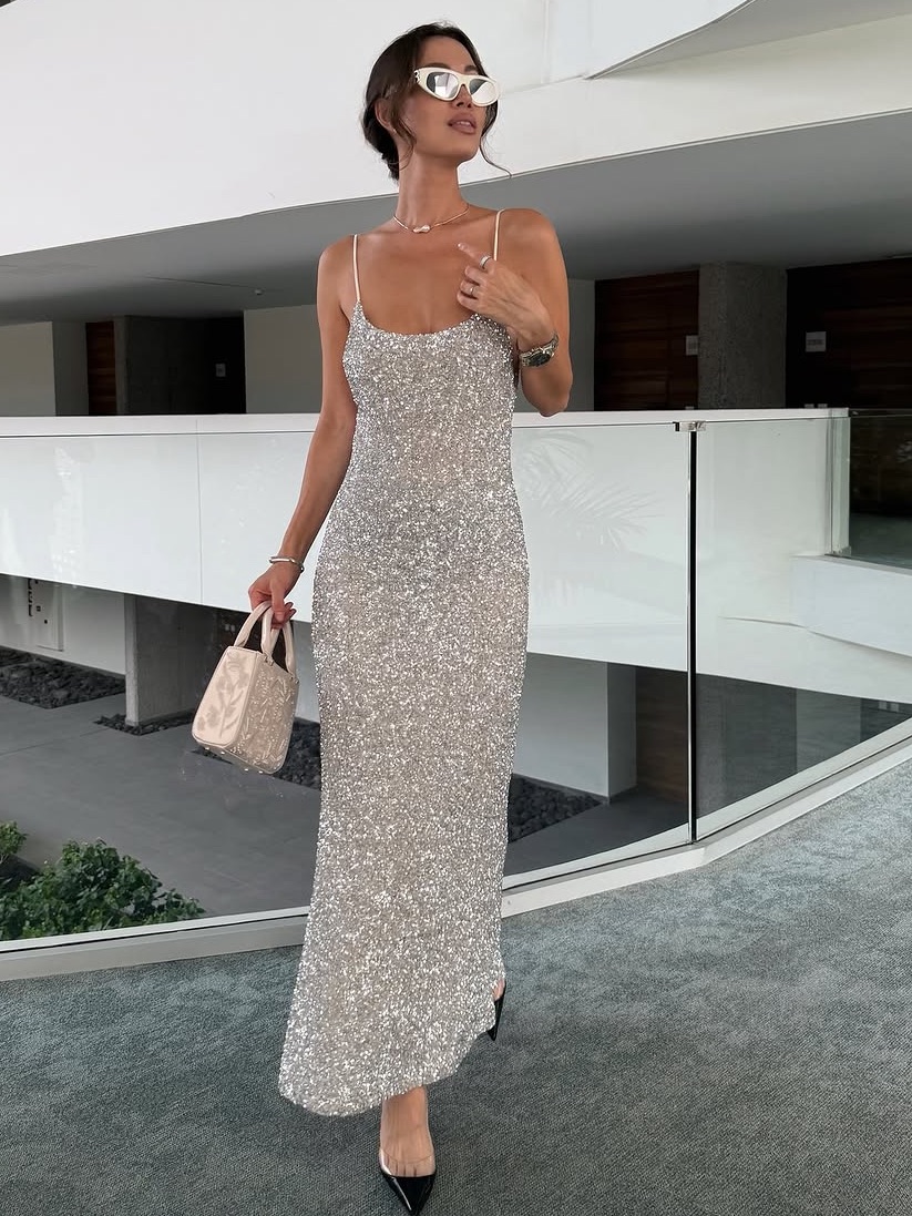 Nwt. Zara Silver Sequin Slip Long Dress. Size M.